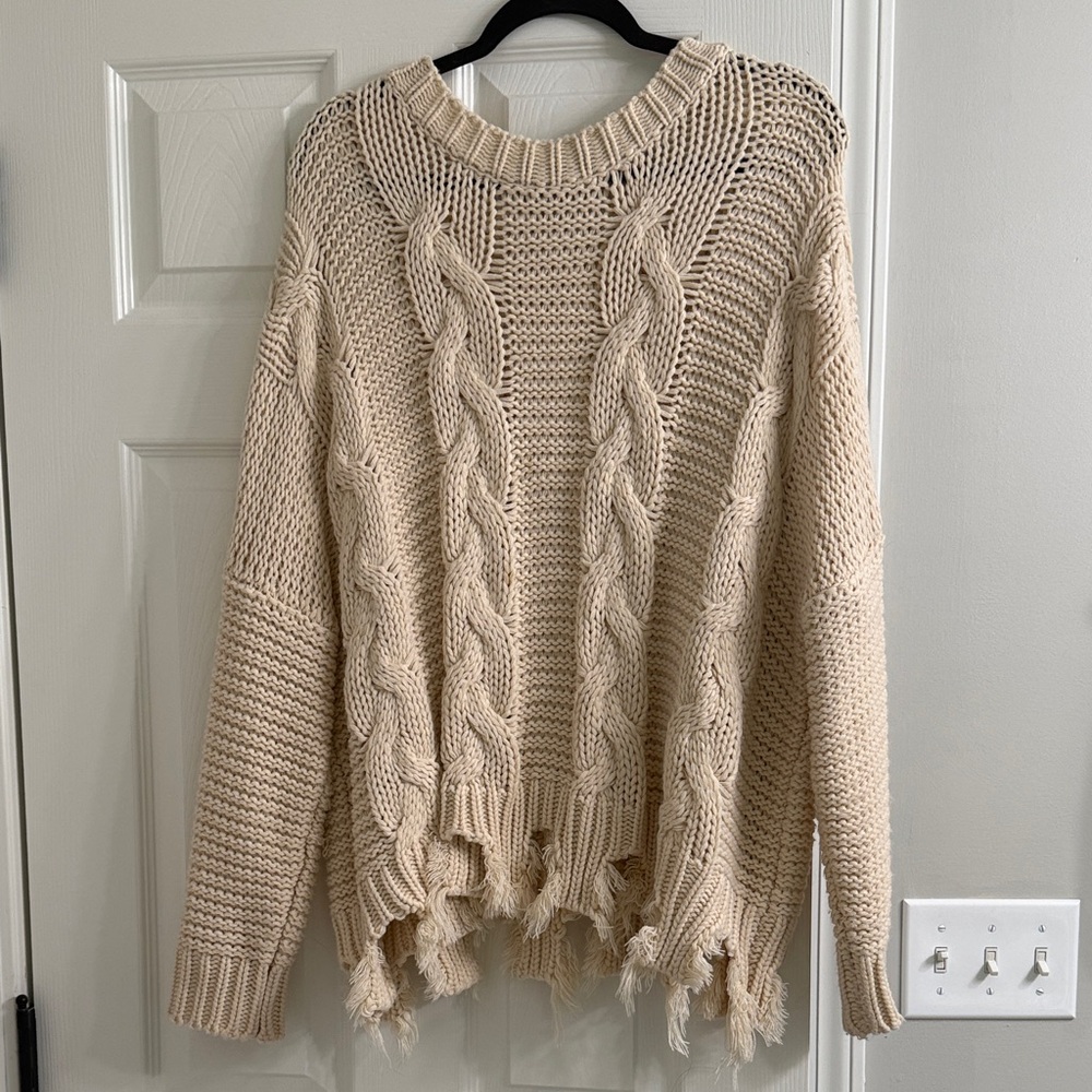 HYFVE Cream Cable Knit Distressed Sweater